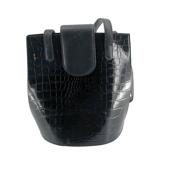 Vintage Black Croc-Embossed Leather Bucket Bag | Structured Silhouette - Picture 1 of 8